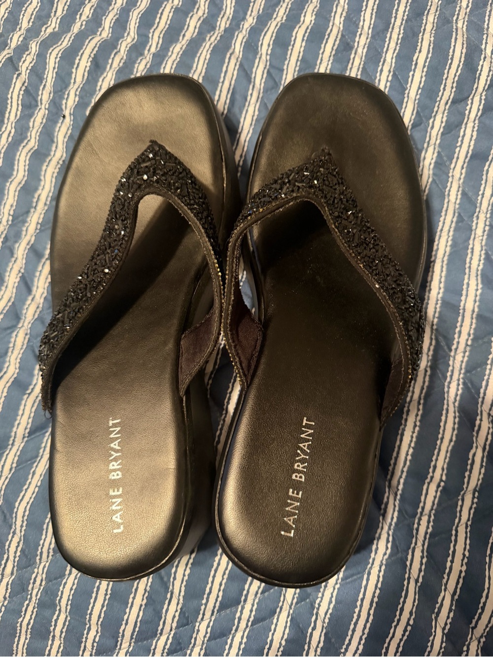Lane Bryant Black Beaded Wedge Thong Sandals Size 10W